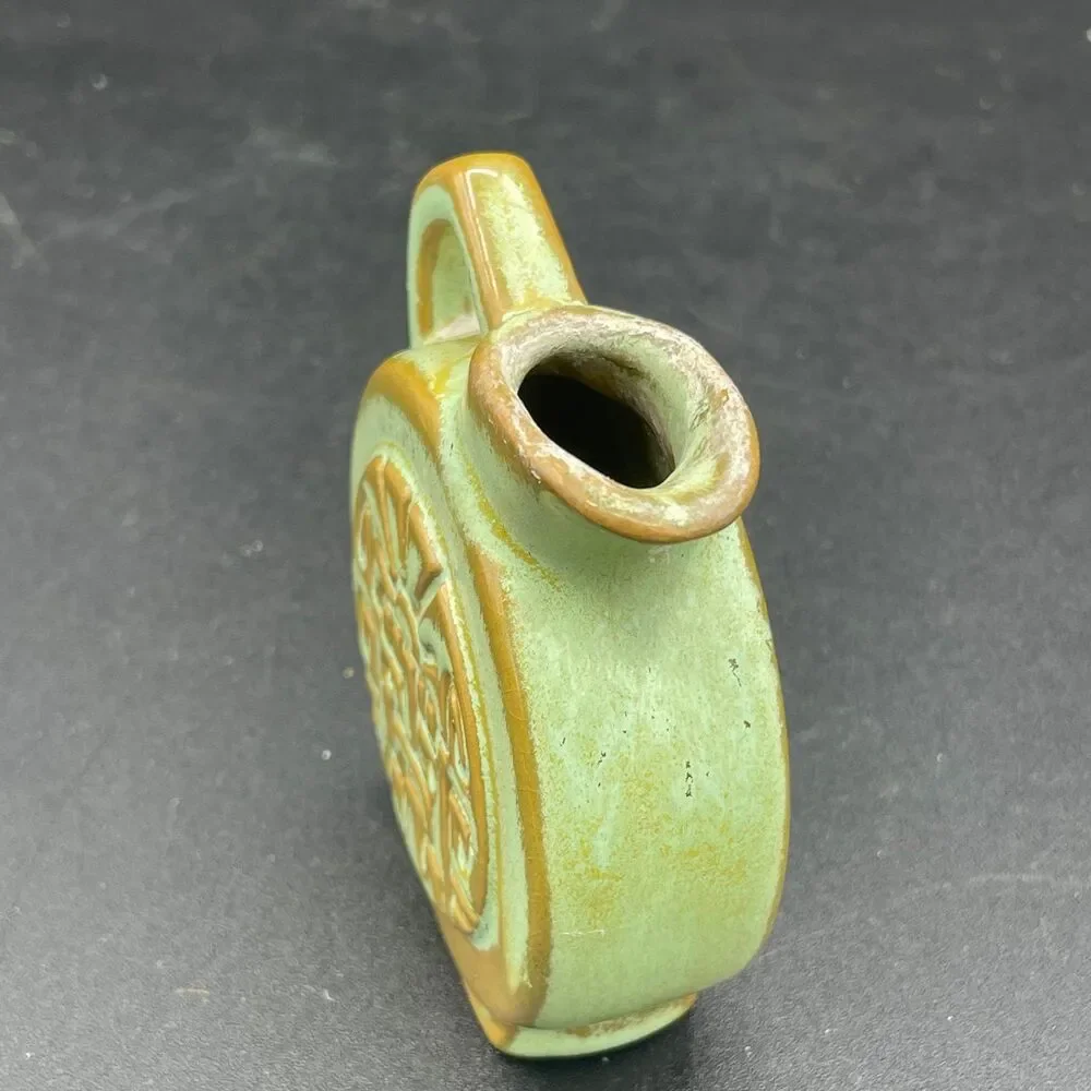 Vintage Frankoma Pottery Prairie Green Distressed Mayan Aztec Mini Pitcher #551